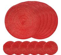 SCF2017 Round Woven Cotton Placemats, Heat Resistant 30cm Table Mats and 11cm Coasters,Set of 6,Red