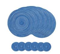 SCF2017 Round Woven Cotton Placemats, Heat Resistant 38cm Table Mats and 11cm Coasters,Set of 6,Dark blue