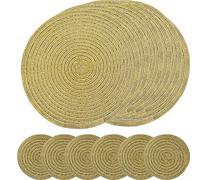 SCF2017 Round Woven Glitter Plastic Placemats 30cm Hollow Table Mats and 11cm Coasters,Set of 6,Gold