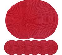 SCF2017 Round Woven Glitter Plastic Placemats 30cm Hollow Table Mats and 11cm Coasters,Set of 6,Red