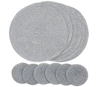 SCF2017 Round Woven Glitter Plastic Placemats 30cm Hollow Table Mats and 11cm Coasters,Set of 6,Silver