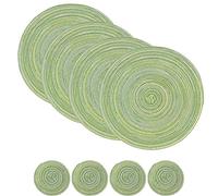 SCF2017 Set of 4 Round Woven Cotton Placemats, Heat Resistant Washable 30cm Table Mats and 11cm Coasters,Green
