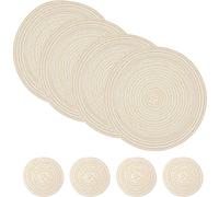 SCF2017 Set of 4 Round Woven Cotton Placemats, Heat Resistant Washable 30cm Table Mats and 11cm Coasters,Beige