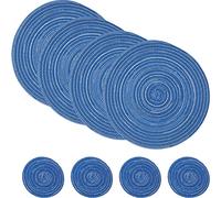 SCF2017 Set of 4 Round Woven Cotton Placemats, Heat Resistant Washable 30cm Table Mats and 11cm Coasters,Blue