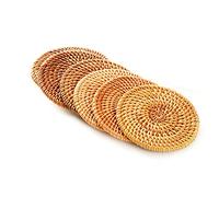 SCF2017 Set of 6 Round Weave Rattan Coasters for Drinks Cup Mat Cute Small Placemats - 8cm