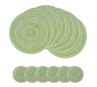 SCF2017 Set of 6 Round Woven Cotton Placemats, Heat Resistant Washable 30cm Table Mats and 11cm Coasters,Green