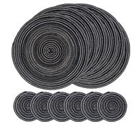 SCF2017 Set of 6 Round Woven Cotton Placemats, Heat Resistant Washable 30cm Table Mats and 11cm Coasters,Black