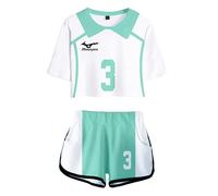 Schafrog Aobajohsai High School Takahiro Hanamaki Midriff T-Shirt Shorts Jersey Set Cropped Top Cosplay Costume NO.3 Green Women's XXS (Bust 80 cm)