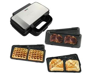 Schallen Electric All in 1 Multi Grill | Grilling Machine, Sandwhich, Toastie & Waffle Maker Machine | Includes 4 Removable Large None Stick Cooking Plates | Stainless Steel | Black & Silver Kitchen