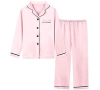 Schbbbta Girls Womens Satin Pajamas, Pjs Set Silk Nightwear 2 Pcs Button-Down Sleepwear for Kids, Gift for Mommy and Me, Bright Pink, 9-10 years
