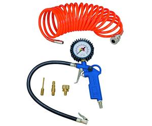 Scheppach Compressor Accessory Set, 5-Piece Compressed Air Tool, Tyre Inflation Gauge with Rubberised Pressure Gauge and Air Drain Valve, 5 m Spiral Hose, 3 Attachment Nozzles, 7906100724