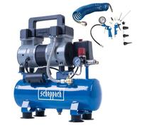 Scheppach HC08Si Quiet Air Compressor 6L 1100W Oil Free, Tyre Inflator, Kit | Quiet 67dB 6 Litre Small Air Compressor, 8 Bar, Oil-free, 162l/min, 5m Spiral Hose, Tyre Inflator and 13-piece Air Tool Kit