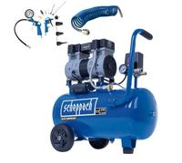 Scheppach HC26Si Quiet Air Compressor 24L 1100W Oil Free with Tyre Inflator | Quiet 66dB 24 Litre Air Compressor on Wheels, 8 Bar Twin Cylinder, 230l/min, 8m Hose, Tyre Inflator and 13-piece Air Tool Kit