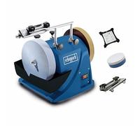 Scheppach Tiger 2000S Wet Bench Grinder, 120W, 200mm Corundum Whetstone, Leather Honing Wheel, Sharpening Jig & Angle Gauge