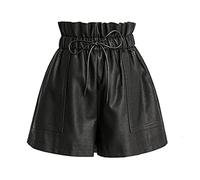 SCHHJZPJ High Waisted Wide Leg Black Faux Leather Shorts for Women, Black, M