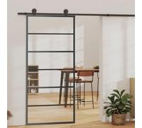 Schiebetür mit Hardware Set, ESG Glas & Aluminium, 90x205 cm, Transparent Schwarz, Geräuscharm, Platzsparend für Innenräume