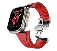 SCHIK Fluororubber Band For Apple Watch Ultra 2 49mm S10 46MM 45mm 44MM 42mm Strap For Iwatch Series 6 5 4 Se 9 8 7 Ultra Cut To Size Fluororubber Bracelet Watchbands(Silver red,S10 42MM)