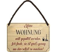 schilderkreis24 Tin Sign 18 x 12 cm with Cord and Suction Cup - Saying meine wohnung will geputzt werden sie ist groß genug um das selbst zu machen - Funny Decoration Gift Idea