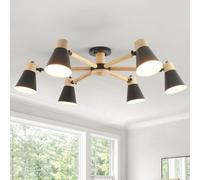 Schindora Black Ceiling Lights 6-Lights,Wood and Iron Chandeliers Ceiling Light Adjustable Light Arms Lamp E27 Modern Ceiling Lights Living Room for Kitchen Bedroom