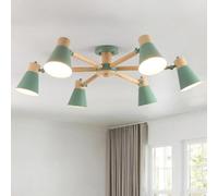 Schindora Green Ceiling Lights 6-Lights,Wood and Iron Chandeliers Ceiling Light Adjustable Light Arms Lamp E27 Modern Ceiling Lights Living Room for Kitchen Bedroom