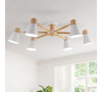 Schindora White Ceiling Lights 6-Lights,Wood and Iron Chandeliers Ceiling Light Adjustable Light Arms Lamp E27 Modern Ceiling Lights Living Room for Kitchen Bedroom