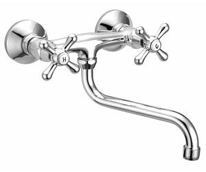 Schläfer 3460110 | Wall-Mounted Faucet for Kitchen Sink, Laundry Sink and Bathroom Sink, with Antique Style Knobs and Universal S-Shaped Swivel Barrel 200mm, Chrome Finish
