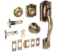 Schlage F62CAM609GEO Antique Brass Camelot Double Cylinder Handleset with Georgian Interior Knob from The F-Series