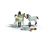 Schleich Horse Club - 7 PC Horse Vet First Aid Kit Playset with 2 Foal Figures, Posable Sarah Figurine and Accessories - Farm Animal Veterinarian Set for Girls and Boys - Toys for Kids Ages 5+ | 42777
