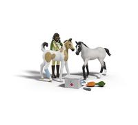 Schleich Horse Club - 7 PC Horse Vet First Aid Kit Playset with 2 Foal Figures, Posable Sarah Figurine and Accessories - Farm Animal Veterinarian Set for Girls and Boys - Toys for Kids Ages 5+ | 42777