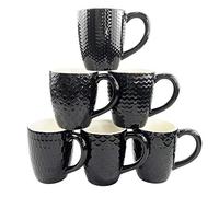 Schliersee 12 OZ Black Ceramic Coffee Mugs Set 6, Stylish Embossed 6 Patterns Coffee Cups Set for Coffee, Tea, Milk, Cocoa, Cereal, Water, Microwave Safe