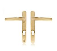 Schlosser Technik Uros Polished Brass Door Handle (PZ 92mm, 122mm Screw Hole Distance, 219mm Overall) Stainless Steel Short Backplate, UPVC Front Door Handle