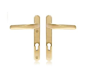 Schlosser Technik Uros Polished Brass Door Handle (PZ 92mm, 122mm Screw Hole Distance, 219mm Overall) Stainless Steel Short Backplate, UPVC Front Door Handle