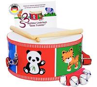 SCHMETTERLINE® Children's drum - wooden drum incl. bell bracelet, drum book - drum for children to wear around their neck with adjustable carrying strap & snap hook