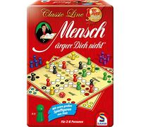 Schmidt Spiele 49439 Mensch ärgere Dich Nicht in der Metalldose Classic Line with Extra Large Wooden Toy Figures [Exclusive to Amazon], Red