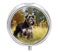 Schnauzer Dog on The Grass Pill Box Medicine Pill Organizer 3 Compartment Daily Pill Case Small Pill Container Round Pill Holder Travel Pill Box Metal Pill Case for Purse Pocket