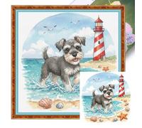 Schnauzer on The Beach Full 14CT DIY Stamped Cross Stitch Kits 11.81x11.81inch Embroidery Needlepoint Starter Kits for Beginners Adults Home Decor