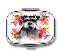 Schnauzer Pill Box 2-Compartment Portable Pill Case Square Metal Medication Organizer Small Weekly Medication Case with Mirror Stylish Vitamin Holder for Purse Pocket Travel