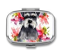Schnauzer Pill Box - 2 Compartment Travel Pill Organizer with Small Mirror, Portable Pillcase for Pocket & Purse, Cute Square Medicine Case, Weekly Medicine Container