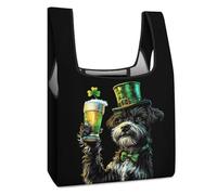 Schnauzer St. Patrick's Day Irish Funny Reusable Grocery Bag Printed Fold-able Shopping Bags Washable Tote Lightweight Storage Pouch with Handle