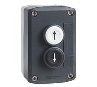 Schneider Electric Control station, plastic, dark grey lid, 2 flush push buttons Ø22, marked UP ARROW DOWN ARROW, 2 NO