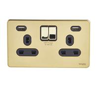 Schneider Electric GGBGU3424DBPB Ultimate Screwless Flat Plate, Switched Double Power Socket, with USB Charging Ports, Polished Brass with Black Insert, 13 A, 2 Gangs
