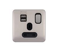 Schneider Electric GGBL30102USBABSSS Lisse Screwless Deco 1G 13A Sw SO SP w/2USB Bss, 240 V, Stainless Steel/Black