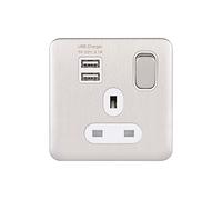 Schneider Electric GGBL30102USBAWSSS Schneider Electric Lisse Screwless Deco 1G 13A Sw SO SP w/ 2USB WSS, 240 V, Stainless Steel