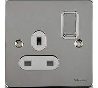 Schneider Electric GU3210WPC Ultimate Flat Plate, Polished Chrome with White Insert, Switched Single Power Socket, Single Pole, 13 A