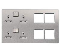 Schneider Electric GU34204DMPWSS Ultimate Screwless Flat Plate, Double Pole, Combination Media Plate, Stainless Steel with White Insert, Switched 4 Gang Power Socket