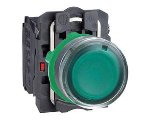 Schneider Electric Harmony XB5 - Illuminated Push Button Switch, Plastic, Spring Return, 1NO + 1NC, 230…240 V AC, 22 mm Mount, Flush Operator Profile, XB5AW33M5, Green