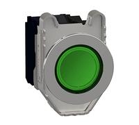 Schneider Electric Illuminated push button, Harmony XB4, metal, green flush mounted, 30mm, universal LED, plain lens, 1NO + 1NC, 120V AC