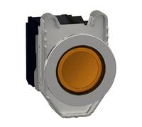 Schneider Electric Illuminated push button, Harmony XB4, metal, orange flush mounted, 30mm, universal LED, plain lens, 1NO + 1NC, 24V AC DC