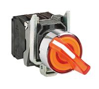 Schneider Electric Illuminated selector switch, Harmony XB4, metal, orange handle, 22mm, universal LED, 3 positions, 1NO + 1NC, 24V AC DC