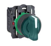 Schneider Electric Illuminated selector switch, Harmony XB5, grey plastic, green handle, 22mm, 3 positions, universal LED, 1NO + 1NC, 24V AC DC